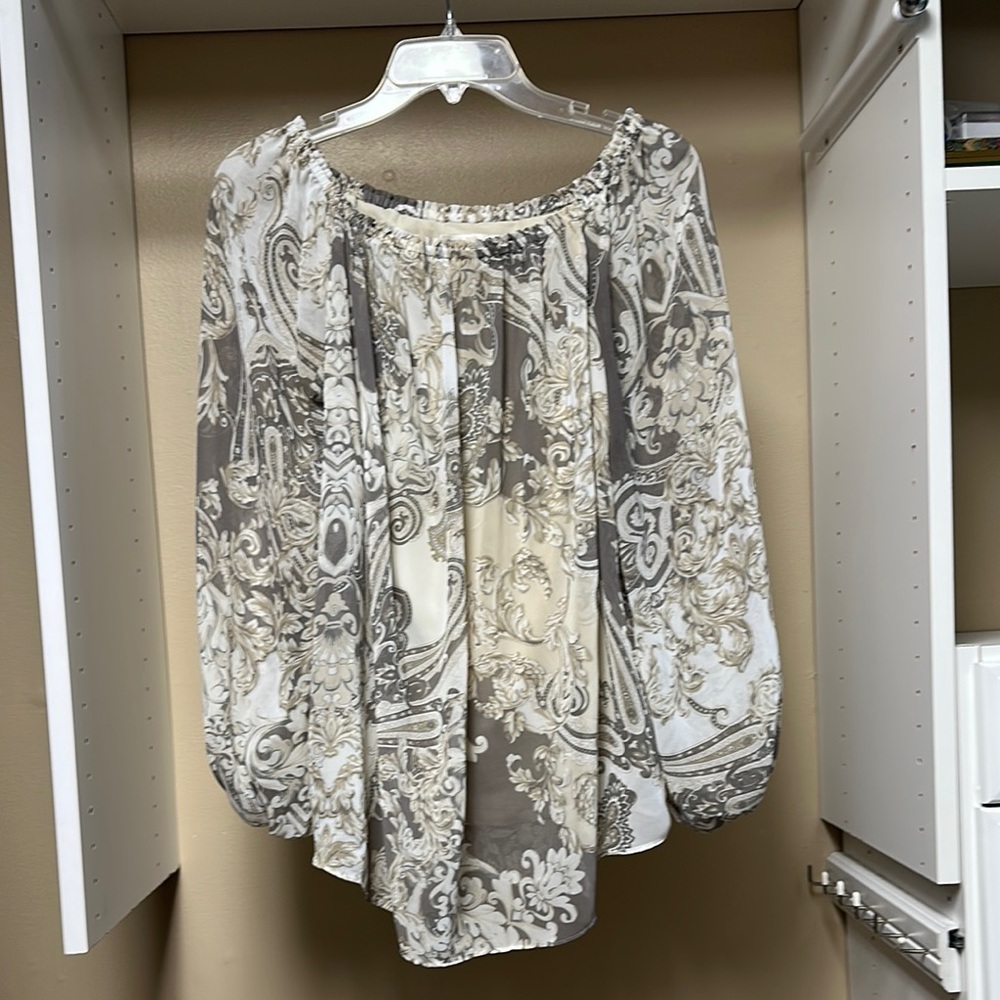 Boston Proper Cream and Tan Pleated Blouse
